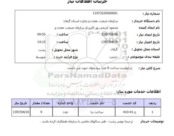 استعلام, استعلام ساخت 9 عدد پیشخوان