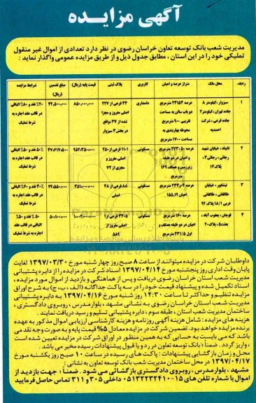 مزایده,مزایده واگذاری تعدادی از اموال غیرمنقول کاربری مسکونی و دامداری 97.4.9