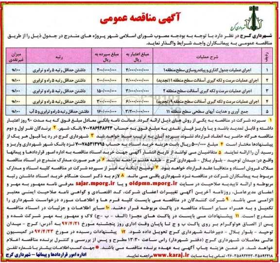 تجدید مناقصه اجرای عملیات جدول گذاری و پیاده روسازی