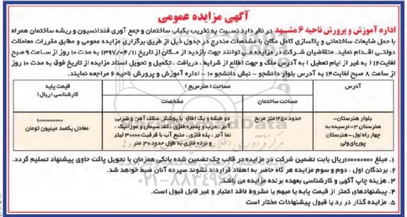 اطلاعیه آگهی مزایده, مزایده واگذاری به اجاره دو دربند مغازه تجاری