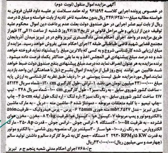 مزایده , مزایده فروش تراش ـ طول کارگیری و ...