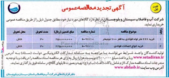 آگهی تجدید مناقصه عمومی, تجدید مناقصه خرید 666 متر لوله فولادی 