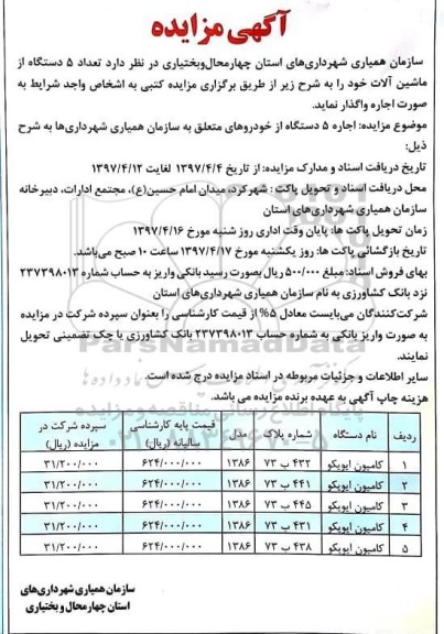 مزایده, مزایده اجاره 5 دستگاه از خودروهای متعلق به سازمان همیاری شهرداری ها