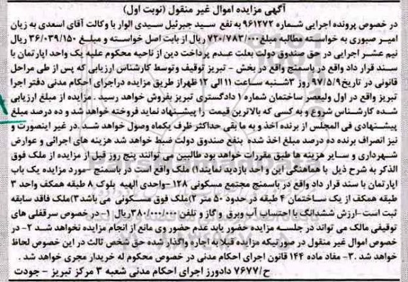 مزایده,مزایده آپارتمان مساحت 50 متر نوبت اول