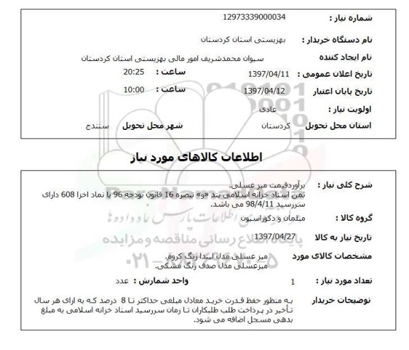 استعلام,استعلام برآورد قیمت میز عسلی