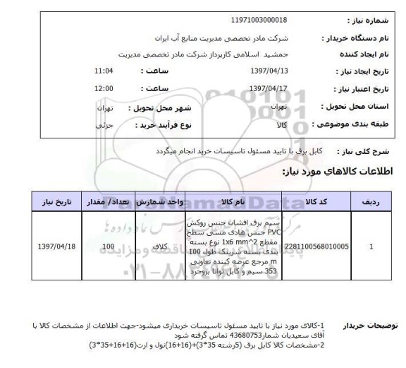 استعلام, استعلام کابل برق...