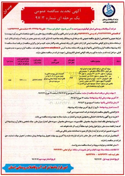 آگهی تجدید مناقصه عمومی, تجدید مناقصه پروژه آبرسانی سرتاوه  