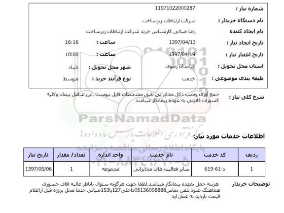 استعلام, جمع آوری و نصب دکل مخابراتی 