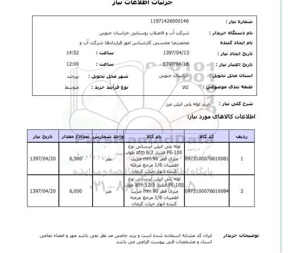 استعلام, استعلام خرید لوله پلی اتیلن مرز...