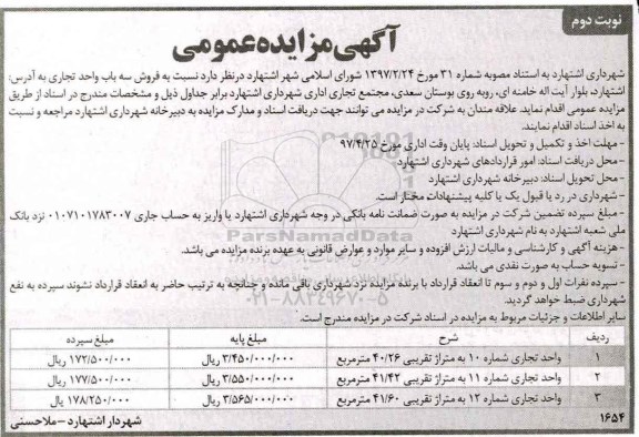 مزایده,مزایده فروش سه باب واحد تجاری مساحت 40.26-41.42-41.60متر نوبت دوم