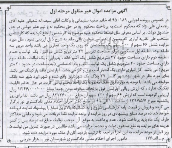مزایده,مزایده 66 سهم از 100 سهم ساختمان نوبت اول