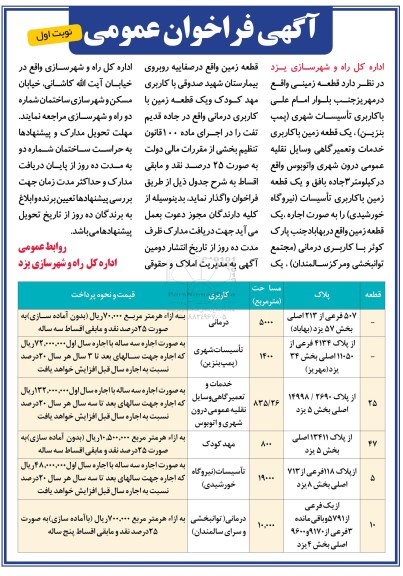 آگهی مزایده, مزایده اجاره قطعه زمین