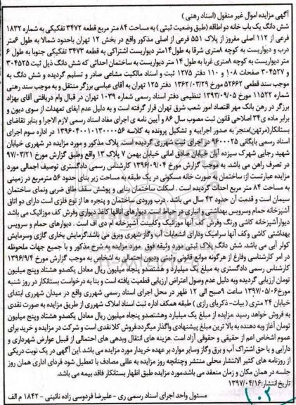 مزایده,مزایده ششدانگ یکباب خانه دو اطاقه مساحت 84 متر