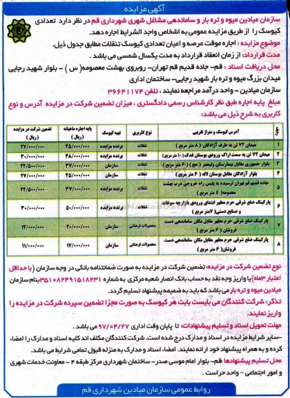 مزایده ، مزایده اجاره موقت عرصه و اعیان تعدادی کیوسک تنقلات
