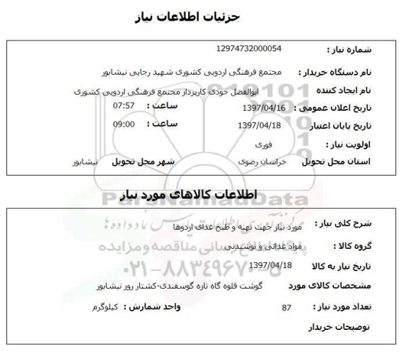 استعلام, گوشت تازه قلوه گاه گوسفندی