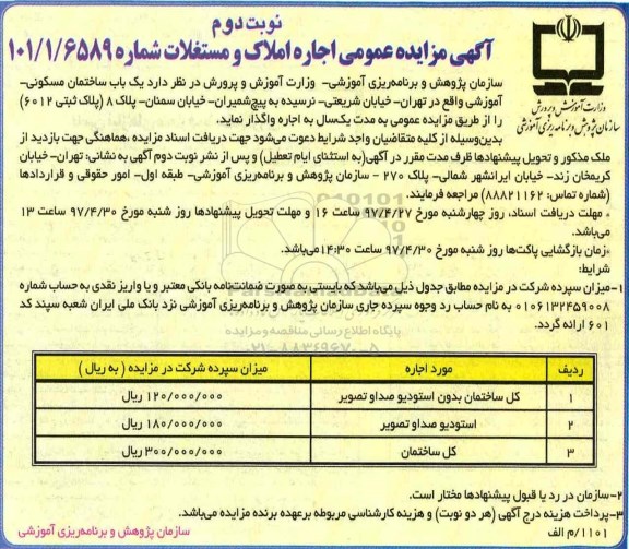 مزایده عمومی, مزایده عمومی اجاره املاک و مستغلات - نوبت دوم 