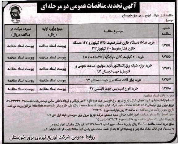 تجدید مناقصه عمومی,تجدید مناقصه عمومی خرید 5048 دستگاه خازن فشار ضعیف ...