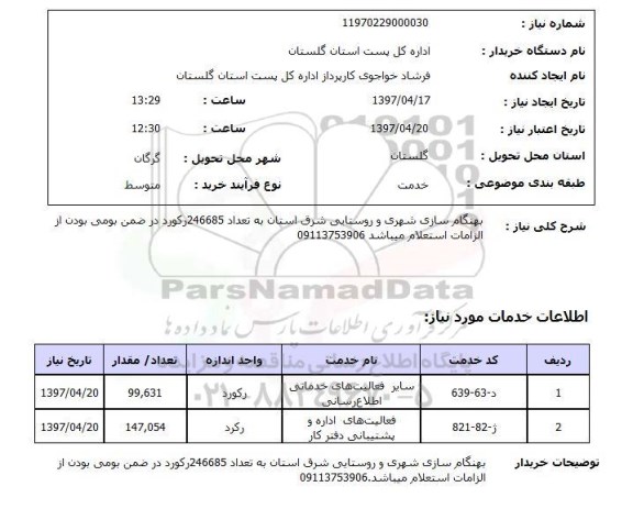 استعلام , استعلام بهنگام سازی شری و روستایی شرق استان