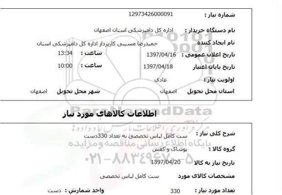 استعلام,استعلام ست کامل لباس تخصصی 