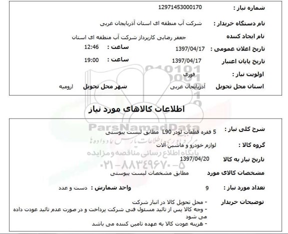 استعلام, 5 فقره قطعات لودر L90