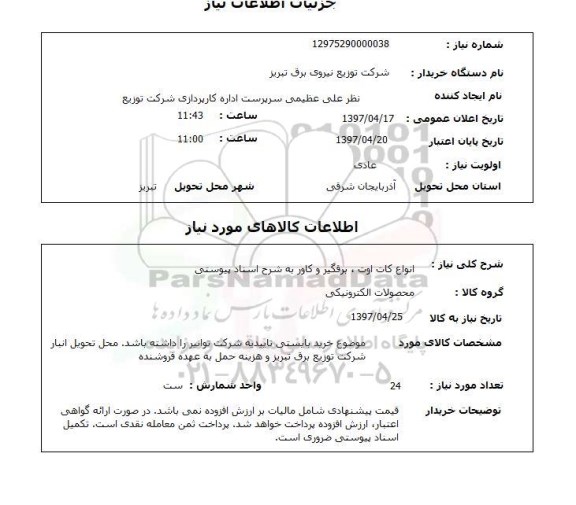 استعلام, استعلام انواع کات اوت، برقگیر و کاور ...