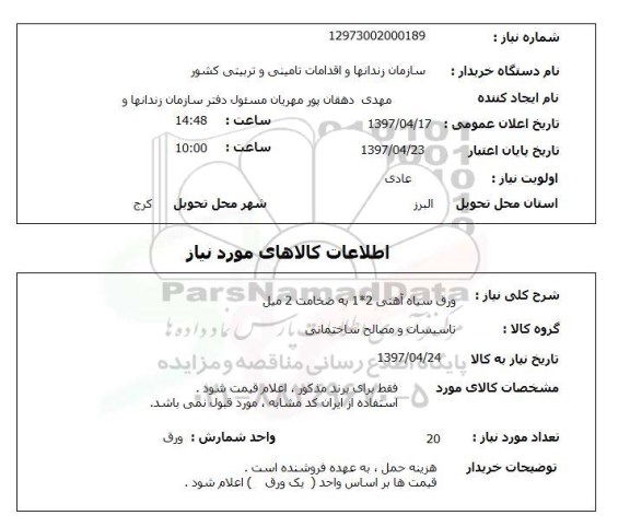 استعلام, ورق سیاه آهنی 2*1 به ضخامت 2 میل 