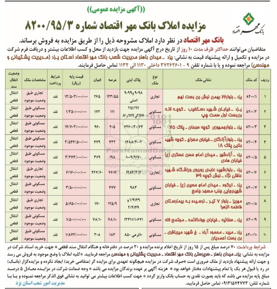 مزایده , مزایده فروش املاک شماره شماره 8200/95/3