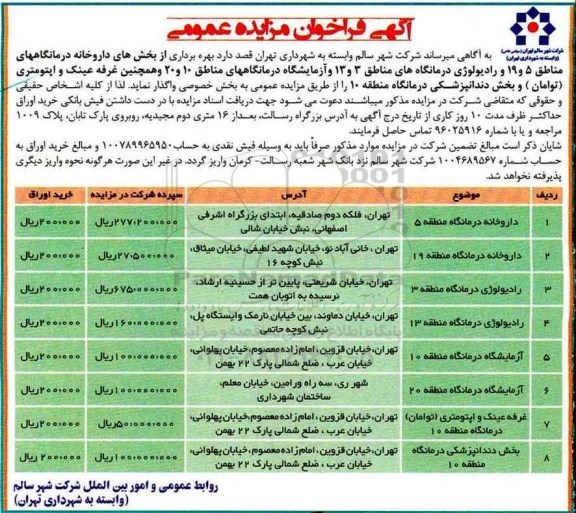 مزایده فراخوان بهره برداری از بخش های داروخانه درمانگاه های مناطق 5 و 19 و ...