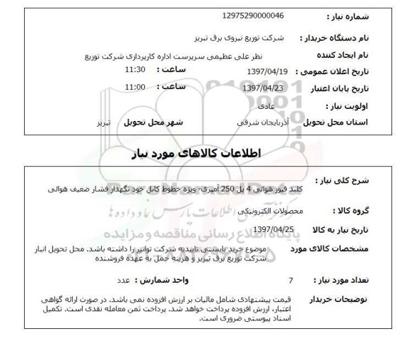 استعلام, کلید فیوز هوائی 4 پل 250 آمپری 
