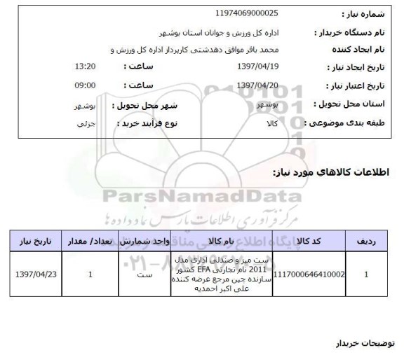 استعلام, ست میز و صندلی اداری