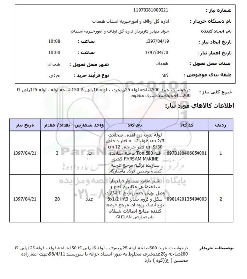 استعلام , استعلام خرید 500 شاخه لوله 25 پریمری...