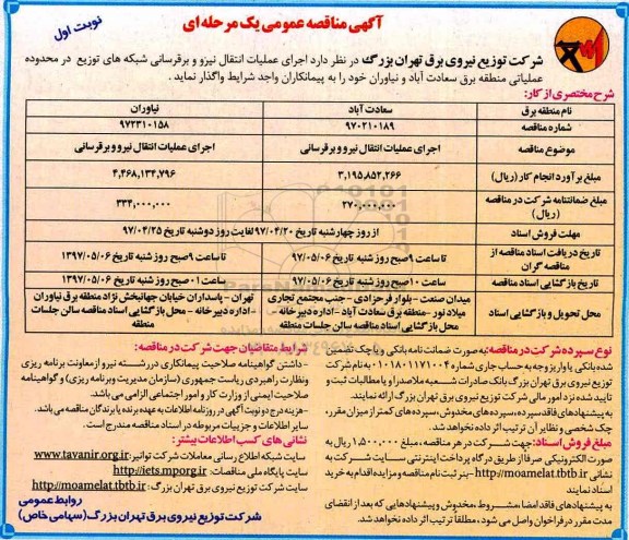 مناقصه, مناقصه اجرای عملیات انتقال نیرو و برقرسانی