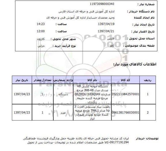 استعلام, استعلام دستگاه جوجه کشی و رطوبت ساز پیستونی