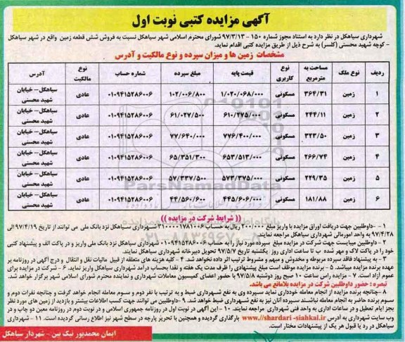 مزایده,مزایده فروش شش قطعه زمین 