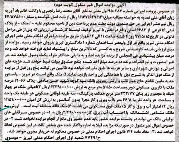 مزایده,مزایده ملک پلاک ثبتی 16 فرعی بخش 5 تبریز نوبت دوم