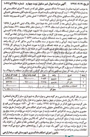 مزایده,مزایده ملک مسکونی مساحت 205.27متر نوبت چهارم