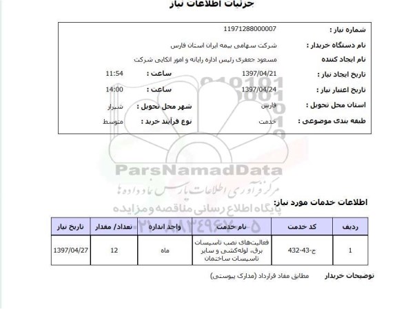 استعلام , استعلام فعالیت های نصب تاسیسات برق، لوله کشی و سایر تاسیسات ساختمان ...