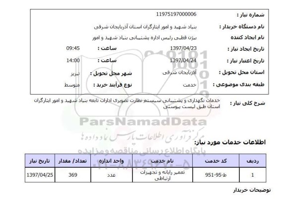 استعلام, خدمات نگهداری و پشتیبانی سیستم نظارت تصویری 