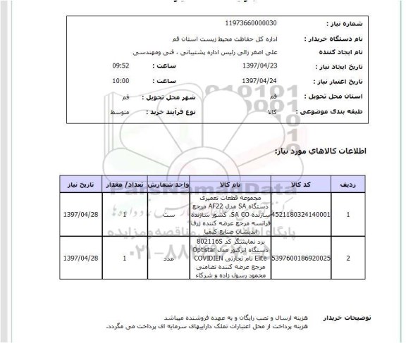 استعلام,استعلام مجموعه قطعات تعمیری