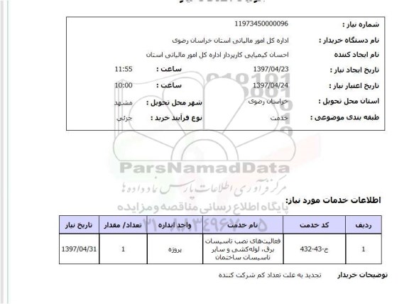 استعلام,استعلام فعالیت های نصب تاسیسات برق و لوله کشی 