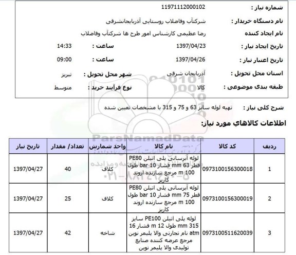 استعلام, استعلام لوله آبرسانی پلی اتیلن