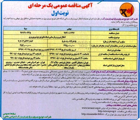 مناقصه ,مناقصه اجرای عملیات انتقال نیرو و برقرسانی 