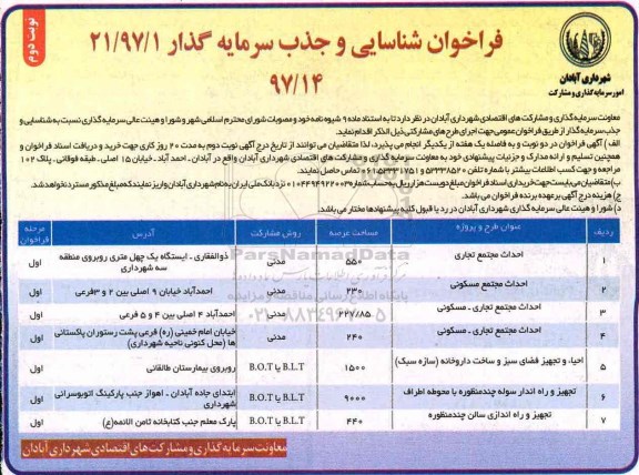 آگهی فراخوان , فراخوان شناسایی و جذب سرمایه گذار ـ نوبت دوم