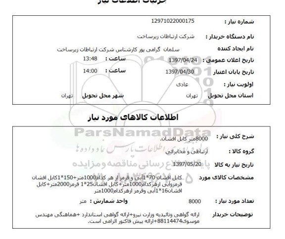 استعلام, 8000 متر کابل افشان