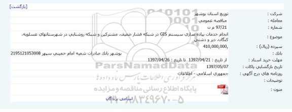 مناقصه ، مناقصه انجام خدمات پیاده سازی سیستم GIS