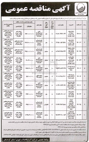 آگهی مناقصه عمومی , مناقصه اصلاح شبکه توزیع آب
