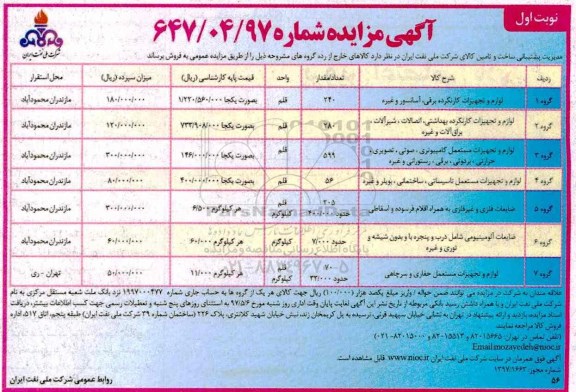 آگهی مزایده, مزایده لوازم و تجهیزات کارنکرده برقی، آسانسور و غیره...