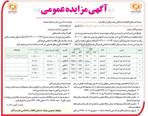 مزایده , مزایده واگذاری یک واحد تجاری، سه واحد آپارتمان مسکونی - 97.4.24