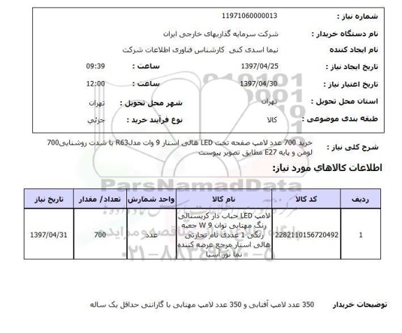 استعلام, استعلام خرید 700 عدد لامپ صفحه تخت 