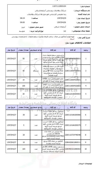 استعلام, استعلام تهیه لوازم کنتاکتور، بی متال، ساعت فرمان و کنترل سطح مایعات...